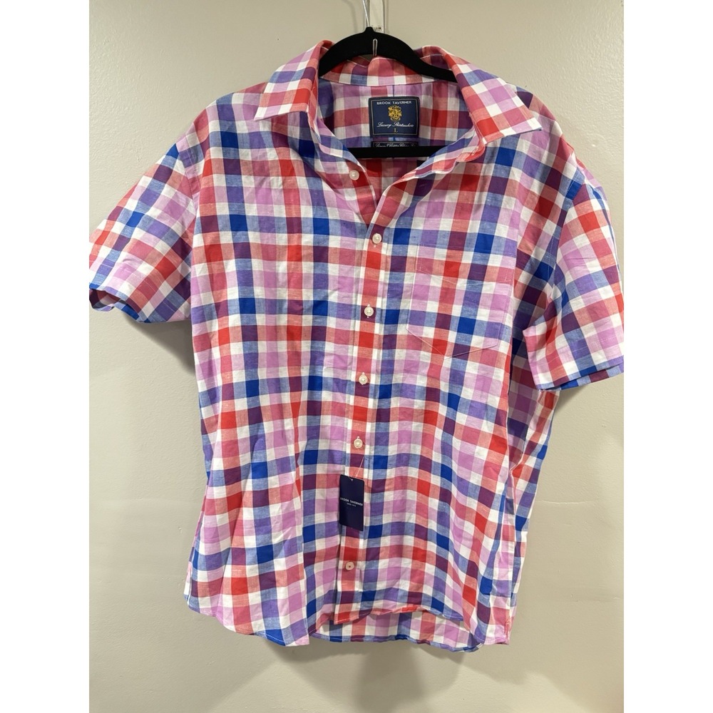 Brook Taverner Mens Luxury Pure Cotton Check Shirt Colourful Short Sleeve L NEW